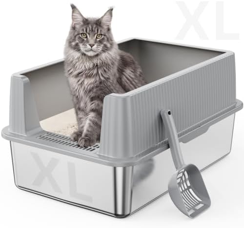 Suitfeel XL Stainless Steel Cat Litter Box with Lid and Scoop,Light Gray by StainlessSteelLitterBox