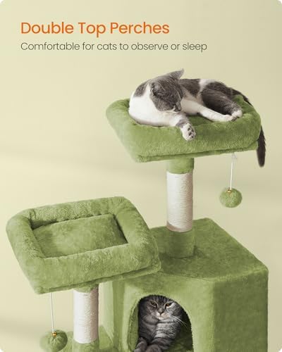 Feandrea Cat Tree, 45.3-Inch Cute Cat Tower, Plush Climbing Condo, Green - Image 3