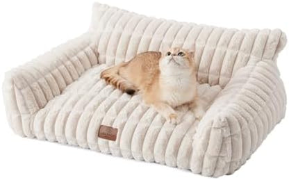 Joydeco Cat Couch for Pets, 24 inch Plush Pet Sofa, Cat Bed for Indoor Cats with Removable Washable Cover, Supportive Pet Sofa, Cream by JOYDECO