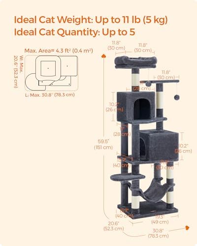 Feandrea Cat Tree, 59.5-Inch Tall Cat Tower, Multi-Level Condo, Smoky Gray - Image 5
