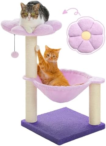 MUTTROS Flower Cat Scratching Post, 28" Cute Cat Tree Tower for Indoor Cats with Large Hammock Soft Perch Bed, Replaceable Toy Ball for Kittens, Purple by MUTTROS