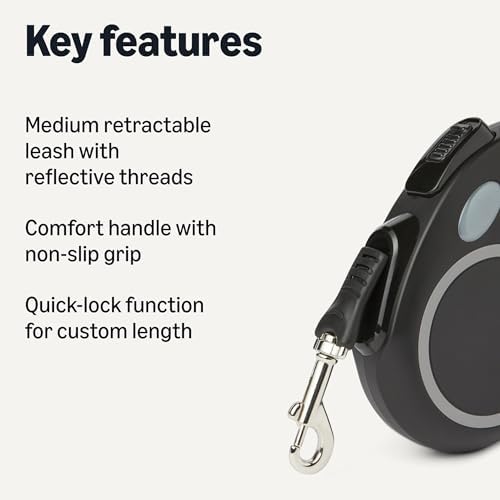 Amazon Basics Reflective Retractable Dog Leash, 16.4 Ft Tape Leash for Dogs Up to 55 Lbs, Non-Slip Comfort Grip, Quick-Lock, Medium, Black - Image 2