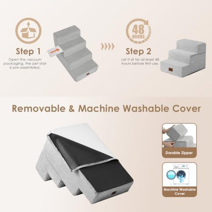 EHEYCIGA Dog Stairs 13.5" H, 3-Step Extra Wide Dog Steps, Light Grey - Image 6