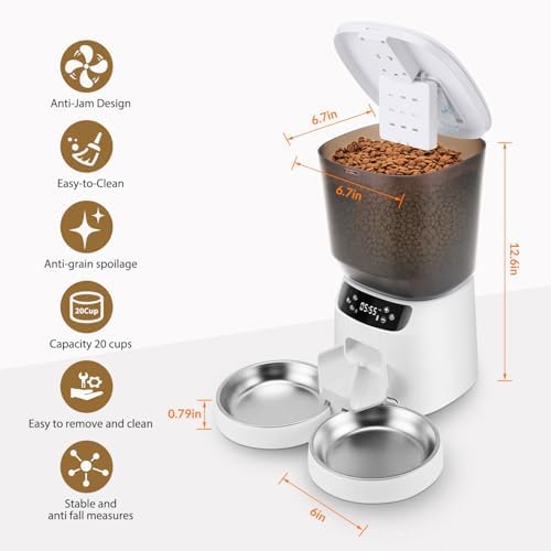 Automatic Cat Feeders for Two Cats, 5L/20 Cups Double Automatic Cat Food Dispenser with 2 Stainless Bowls, Timer Setting 20 Portions 6 Meals Per Day, 10s Meal Call (White) - Image 4