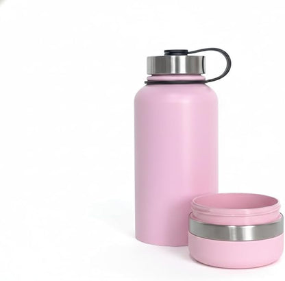 Stainless Steel Dog Water Bottle 32oz with Built-in Bowl, Leak-Proof Travel Pet Water Dispenser, Carry Loop for Walking, Hiking, Outdoor Use (Pink)