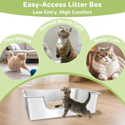 2-Pack Low Entry Litter Box for Senior Disabled & Injured Cats, Stainless Steel High Sided Enclosed Easy Step in Entry-Metal Kitty Litter Box for Kittens, Odor Control (19.7"x13.8"x5.9") - Image 2