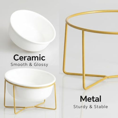 White Large Ceramic Tilted Elevated Cat Dog Bowl Raised Cat Food Water Bowl Dish Pet Comfort Feeding Bowls with Gold Iron Stand - Image 5