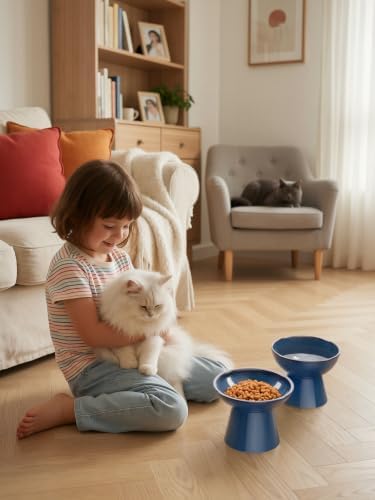 LoeJan Elevated Food and Water Bowls Set, Extra Wide and Raised Ceramic Feeder, Anti-Vomit Whisker-Free Pressure Cat Feeding Bowl for Kittens Adult Cats Small Dogs - Image 7