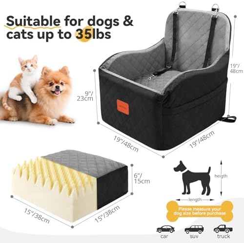 Dog Car Seat for Small & Medium Dogs, Detachable & Washable Booster Seat for Pets Up to 35lbs, Pet Travel Bed with Storage Pockets and Safety Belt (Black/Grey, Medium) - Image 2