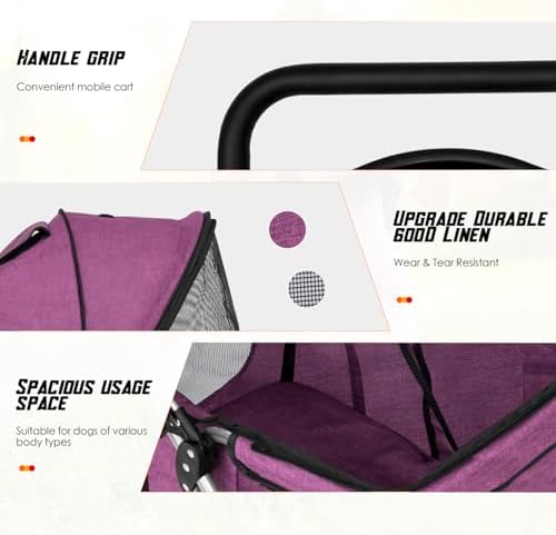 FDW 4 Wheels Pet Stroller Folding Dog Cat Jogger Stroller with Storage Basket &Cup Holder Portable Lightweight Travel Carrier, Purple - Image 6