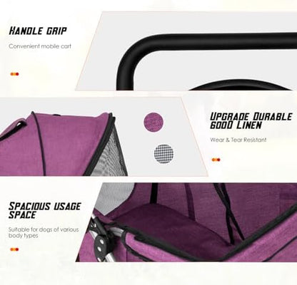 FDW 4 Wheels Pet Stroller Folding Dog Cat Jogger Stroller with Storage Basket &Cup Holder Portable Lightweight Travel Carrier, Purple - Image 6