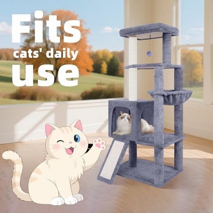 TWDEPART 55" All-in-One Cat Tree Tower with Scratching Board & Posts Cozy Sleeping Perch Hammock and Toy Balls,Grey - Image 3