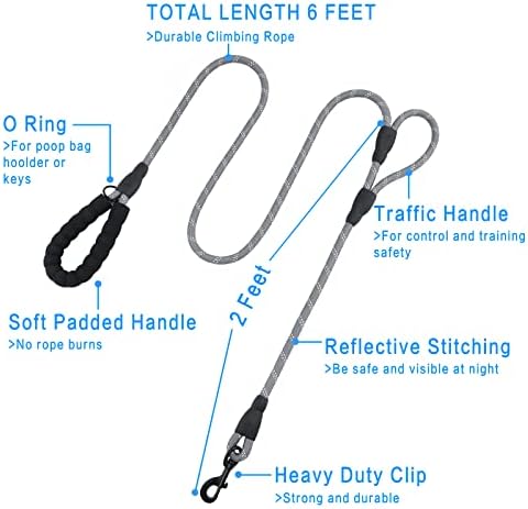 Plutus Pet Rope Dog Leash 6ft Long, Heavy Duty,Reflective Double Handle Leash for Safety Training, for Medium Large Dogs, Dual Handle Leads(Gray) - Image 2