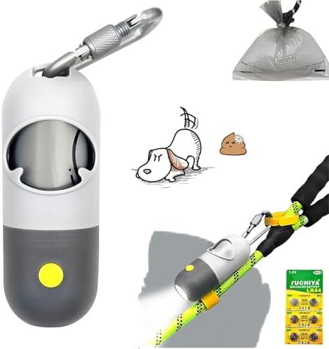 Dog Poop Bags Holder with LED Flashlight|Pet Waste Bags Dispenser for Leash|Doggie Potty Bags Container with Leak-proof Pet Trash Bags and Accessories (Light Gray, 1 Holder 15 Bags) by YUCHIYA