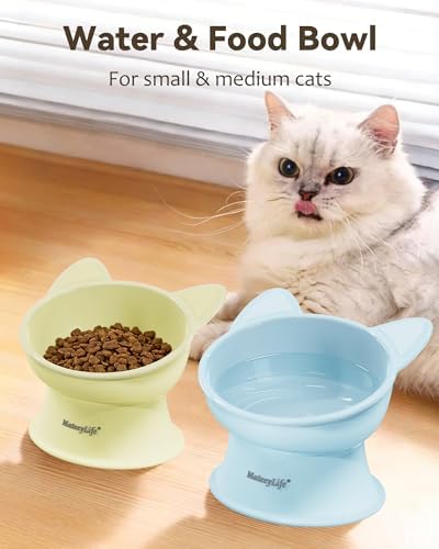 MateeyLife Elevated Cat Bowls, 2P Raised Food and Water Bowl Set for Indoor Cats & Small Dogs, Whisker Fatigue Cat Bowl, Anti Vomit Feeding Pet Bowls, 6 oz Each, Dishwasher Safe - Blue & Yellow - Image 3