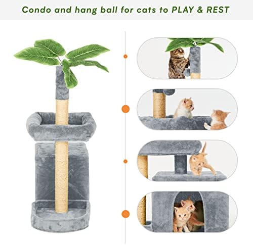 31.5inch Small Cat Tree Tower Condo for Indoor Cats, Soft Plush Multi-Level Climbing Tree Cat House with Cat Cave, Scratching Post, Sisal Rope, Grey - Image 3