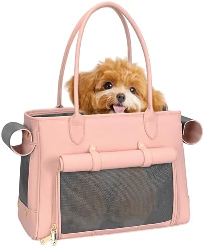 Minsong Fashion Pet Carrier Purse for Small Cat and Dog, Luxury Pu Soft-Sided Tote Bag with Large Pockets for Dogs and Puppies (Pink, 15.8" L x 7.5" W x 11.8" H) by Minsong