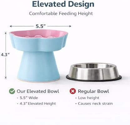 Elevated Ceramic Slow Feeder Cat Bowl, 15° Tilted Feeding Dish Helps Reduce Fast Eating and Vomiting, Whisker-Friendly Heavy Smooth Matte Ceramic, Dishwasher Safe (Blue/Pink) - Image 2