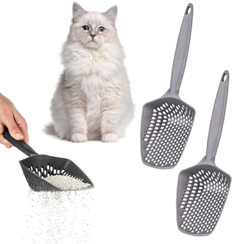 Set of 2 Cat Litter Scoop with Small Holes, Deep Sifting Shovel for Fine Litter, Reptile Terrarium Sand & Rabbit Pooper Lifter, Hanging Handle Poop Scooper (Gray, Set of 2) by EYNEL