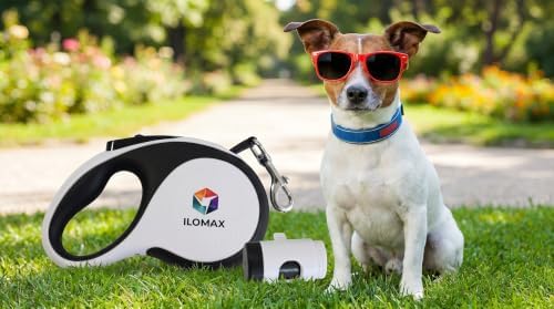 ILOMAX 360° Tangle-Free Retractable Dog Leash Built-in Waste Bag Dispenser Under Handle 2 Rolls Poop Bags Included Heavy Duty Tape Leash for Dogs up to 50kg Carry Pouch Included (White, XL) - Image 2