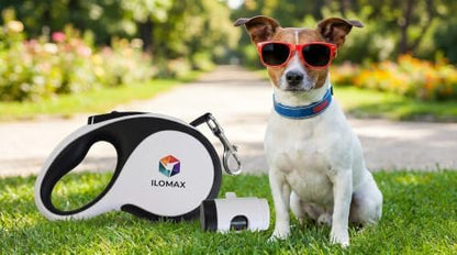 ILOMAX 360° Tangle-Free Retractable Dog Leash Built-in Waste Bag Dispenser Under Handle 2 Rolls Poop Bags Included Heavy Duty Tape Leash for Dogs up to 50kg Carry Pouch Included (White, XL) - Image 2