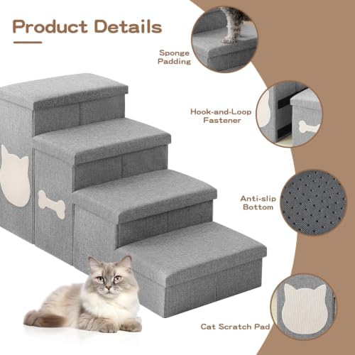 Dog Steps for High Bed, Foldable Dog Stairs with Storage, Grey - Image 6