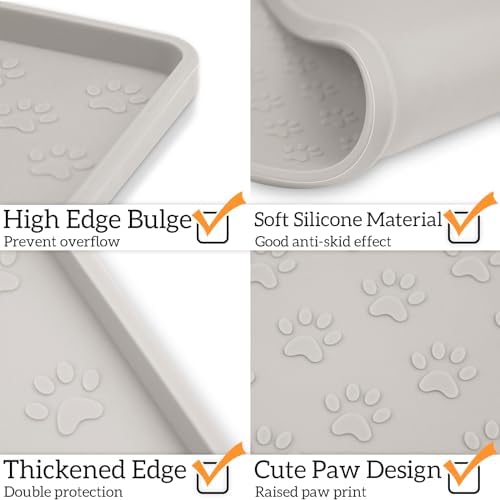 Ptlom Dog Food Mat Anti-Slip Bowl Mats for Food and Water, Waterproof Silicone Pet Placemat with High Raised Edges, Non-Slip Puppy Feeding Tray for Small, Medium Large Cats Dogs, Cream, 11.8"x11.8" - Image 3