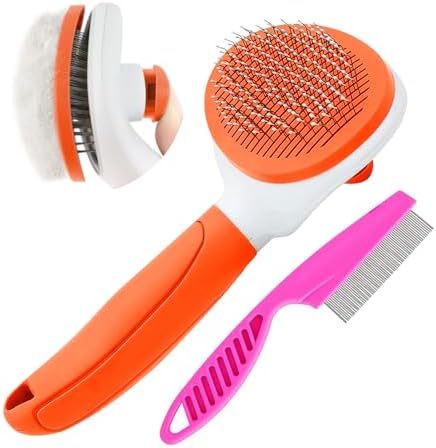 Cat Brushes for Indoor Cats, Dog Brush for Shedding with Metal Cat Comb, Self Cleaning Pet Hair Brush with Release Button for Grooming Kitten(Orange) by Unknown