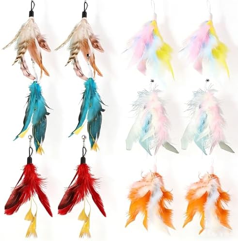 12 Pack Cat Feather Toy Refills,Natural Cat Wand Replacement Feathers with Bell,Colorfull Wand Attachment Feather Toys for Indoor Cats by AINTE