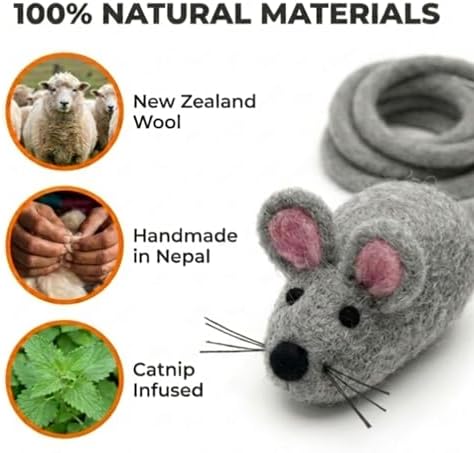 Glaciart One Mini Felt Mouse Cat Toy – Kitten & Small Cat Size, Natural Wool Catnip Toy, Soft Fuzzy Interactive Play Toy for Indoor Kittens, Safe Non-AZO Dyes, 1.4” Body with 12” Tail - Image 6