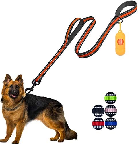 JSXD Heavy Duty Double Handle Dog Leash - 5 FT with Padded, Reflective Rope for Small to Large Dogs (Wide-Orange) by JSXD