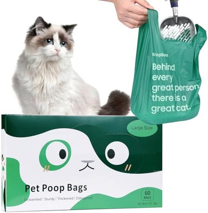 60 Count Cat Poop Bags Large Pet Waste Sacks with Handles, Disposable Litter Bags for Pet Poop, Extra-Thick Waste Bags Easy Tie Leak-Proof Strengthen Unscented by KropBom