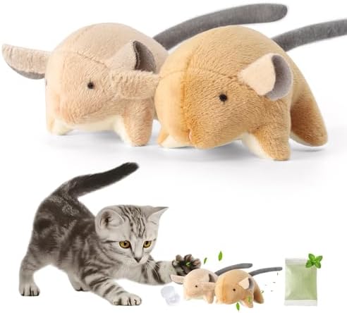 Plush Catnip Mice Toys with Rattle Sound- 2 Pcs Interactive Cat Toys for Indoor Cats, Durable Stress Relief Eco-Friendly Small Mouse Chew Playthings（with Catnip Bag by Caticalife
