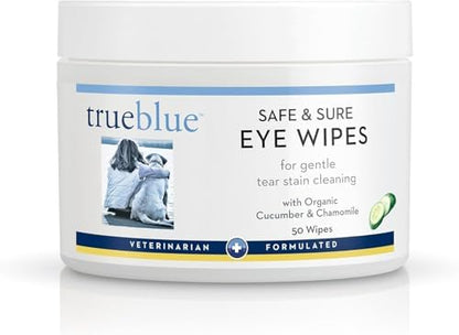TrueBlue Cucumber & Chamomile Safe and Sure Dog Eye Wipes – Pre-Moistened Textured Pads for Tear Stain Eye Cleaning – Cleansing Eye Wipe for Dogs, Puppies – Non-Toxic, All-Natural – 50 Count by TrueBlue