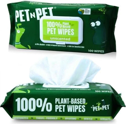 PET N PET Dog Wipes, 100 Count, Unscented Hypoallergenic Pet 8x8 Paws Care by PETNPET