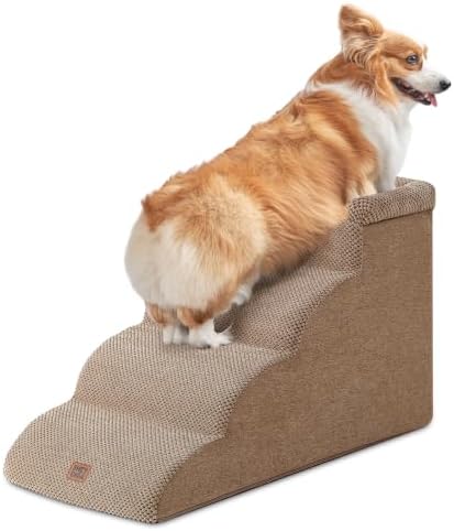EHEYCIGA 4-Step Curved Dog Stairs for Beds 17.6" H, Camel by EHEYCIGA