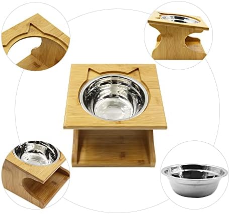 Cat Bowls Pet Dining Table with Raised Slope Wooden Stand Elevated Pet Bowls with Oblique Stand for More Comfortable Eating for Cats, Dogs, Kitten and Puppy (1 Bowl, Steel) - Image 3