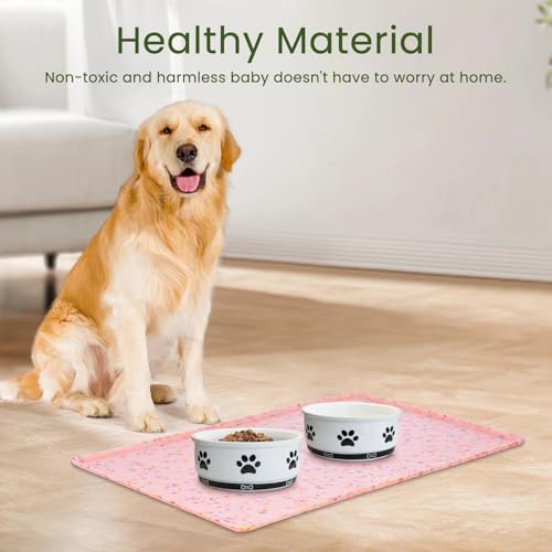 Ptlom Dog Food Mat Anti-Slip Dog Bowl Mats for Food and Water, Waterproof Pet Placemat Prevents Messy Spill to Floor, Silicone Puppy Feeding Tray for Small, Medium and Large Dogs Cats, Pink - Image 3