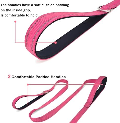 6 FT Pink Nylon Reflective Dog Leash for Large Dogs with 2 Padded Handle - Image 4