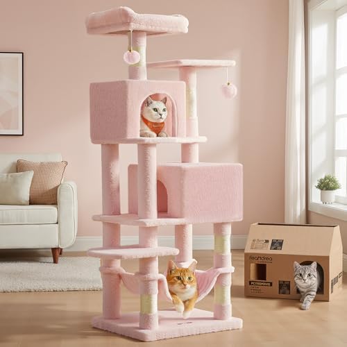 Feandrea Cat Tree, 59.5-Inch Tall Cat Tower, Multi-Level Condo, Jelly Pink by FeandreabySONGMICSHOME