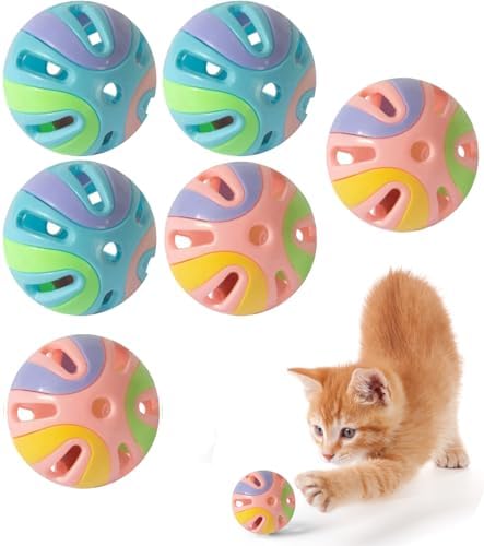 Colorful Cat Toy Balls with Bell 6PCS, Interactive Hollow Design, Plastic, Training Exercise Toy(2 in 1 B+P) by ANJOBIBI