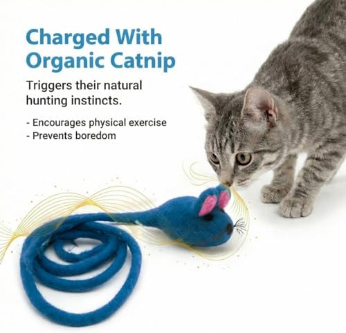 Glaciart One Felt Mouse Cat Toy – Soft Fuzzy Enrichment 100% Natural Wool - Interactive Catnip Play Cat Toy Set - Safe for Pets, Non-AZO Colored Dyes - 100” Long - Image 6