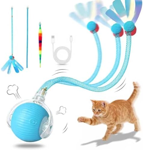Interactive Cat Toys Ball，Automatic Interactive Cat Toy with 3 Modes, LED Light & 3 Replaceable Accessories, Indoor Cat Exercise Toy for Kittens & Adult Cats, Relieves Boredom Lake Blue by Unknown