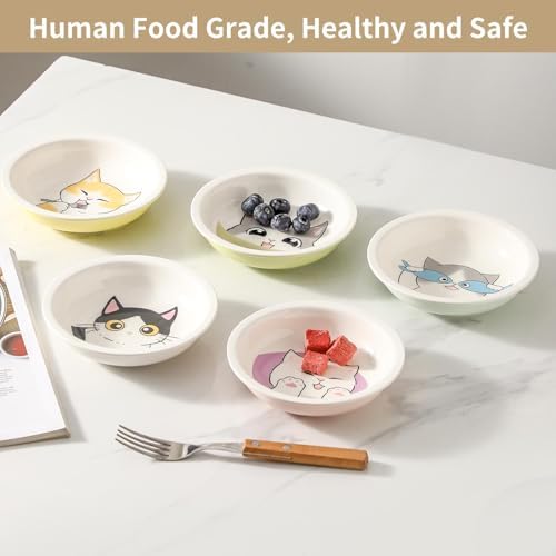 Ceramic Cat Bowls Set - 5.7 inch Wide Cat Food Bowl Whisker Fatigue Friendly, 5 Colorful Kitten Dish Plates with Cute Pattern for Wet and Dry Food Water and Small Pet - Image 6