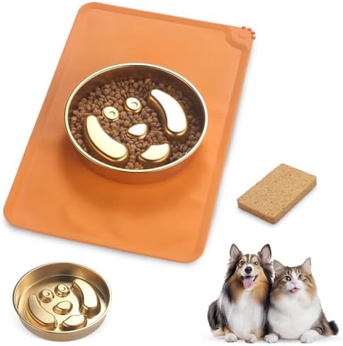 Golden Stainless Steel Slow Feeder Dog Bowls – Non-Slip Metal Dog Bowl for Large & Medium Breeds, Puppy Puzzle Feeder – 2 Cup for Small to Big Pets – Durable Slow Feed Dog & Cat Food Dish with Mat by Unknown