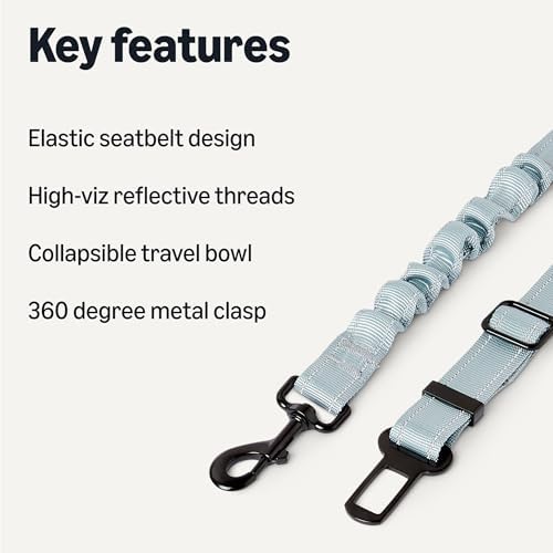 Amazon Basics Reflective Dog Seat Belt with Collapsible Travel Bowl, Elastic Design, 360° Metal Clasp, for Dogs up to 44 lbs, 26.3 inch, Black/Blue/Orange - Image 2