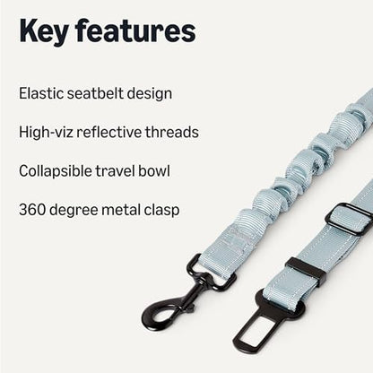 Amazon Basics Reflective Dog Seat Belt with Collapsible Travel Bowl, Elastic Design, 360° Metal Clasp, for Dogs up to 44 lbs, 26.3 inch, Black/Blue/Orange - Image 2