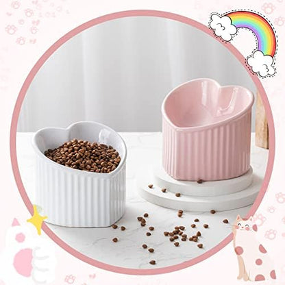 Mumufy 2 Pcs Ceramic Elevated Cat Bowls Tilted Elevated Raised Pet Bowls Anti Vomit Cat Dish for Indoor Stress Free Water Dish Feeder for Puppies, Heart Shaped(Pink, White) - Image 4