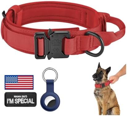 DAGANXI Tactical Dog Collar, Adjustable Military Training Nylon Dog Collar with Control Handle and Heavy Metal Buckle for Medium and Large Dogs, with Patches and Airtags Case (Red, XL) by DAGANXI