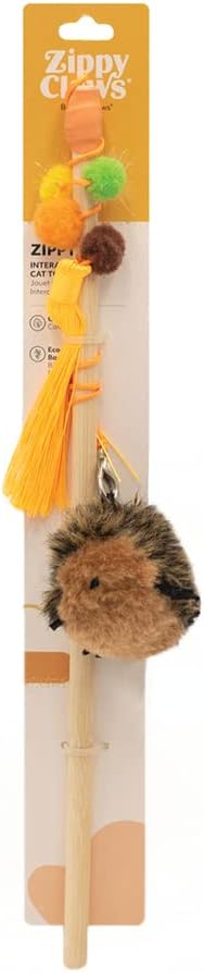 ZippyClaws Hedgehog ZippyStick - Interactive Cat Toy Wand for Indoor Cats & Kittens, Cute Kitty Toys for Boredom, Fun Teaser Stick with Feathered Tassles & Plush Dangling Toy